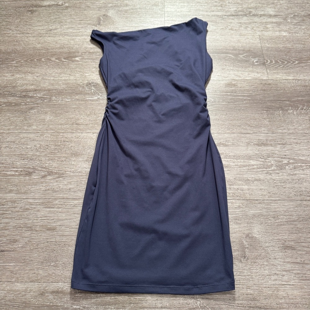 Trendy Queen Bodycon Dress Womens XS Blue Ruched Mini Boat Neck Sleeveless Sleek